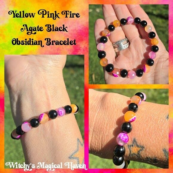 Yellow Pink Fire Agate Black Obsidian Gemstone Bracelet, 8mm - Picture 1 of 2